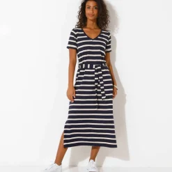Robe mi-longue ceinturée col V, maille rayée