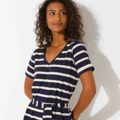 Robe mi-longue ceinturée col V, maille rayée