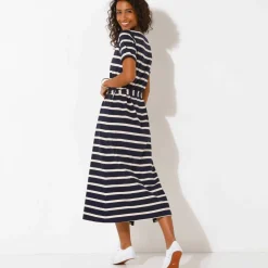 Robe mi-longue ceinturée col V, maille rayée