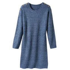 Robe-pull chinée manches longues, épaule boutonnée
