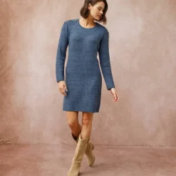 Robe-pull chinée manches longues, épaule boutonnée
