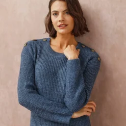 Robe-pull chinée manches longues, épaule boutonnée
