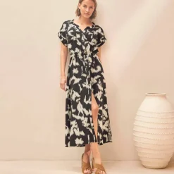 Robe saharienne imprimée, manches courtes