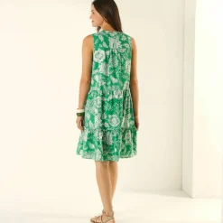 Robe sans manches volantée, batiste imprimée