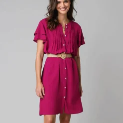 Robe unie manches courtes papillon, crépon