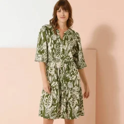 Robe évasée à volants, imprimé ethnique bicolore