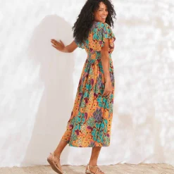 Robe volantée cache-coeur imprimée, crépon