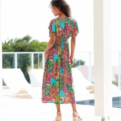 Robe volantée cache-coeur imprimée, crépon