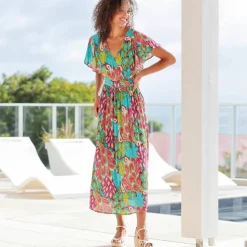 Robe volantée cache-coeur imprimée, crépon