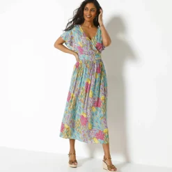 Robe volantée cache-coeur imprimée, crépon