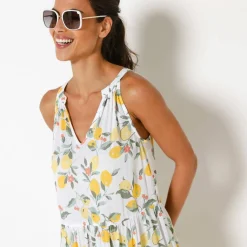 Robe à volants imprimé citrons emmanchures américaines, crépon