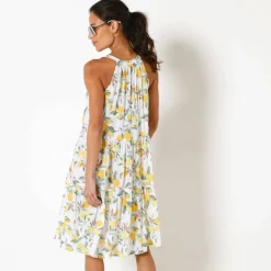 Robe à volants imprimé citrons emmanchures américaines, crépon