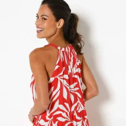 Robe à volants imprimé feuillage emmanchures américaines, crépon