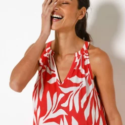 Robe à volants imprimé feuillage emmanchures américaines, crépon
