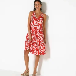 Robe à volants imprimé feuillage emmanchures américaines, crépon