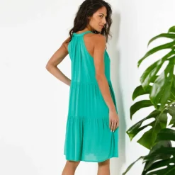 Robe à volants unie emmanchures américaines, crépon