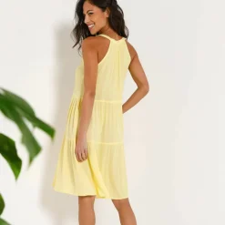 Robe à volants unie emmanchures américaines, crépon