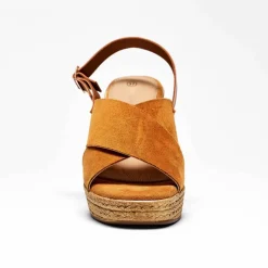 Sandales compensées dessus croisé caramel