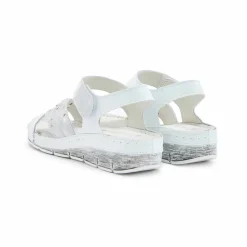 Sandales cuir à patte scratchées motif feuilles, largeur confort