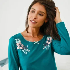 Tee-shirt col imprimé bucolique - manches longues