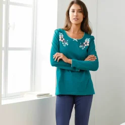 Tee-shirt col imprimé bucolique - manches longues