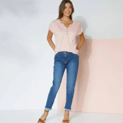 Tee-shirt col tunisien manches courtes, uni