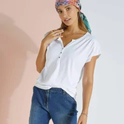 Tee-shirt col tunisien manches courtes, uni