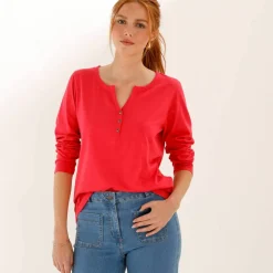 Tee-shirt col tunisien manches longues, uni