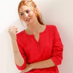 Tee-shirt col tunisien manches longues, uni
