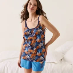 Top de pyjama en coton et macramé - imprimé tropical