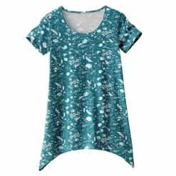 T-shirt asymétrique manches courtes – fleuri émeraude