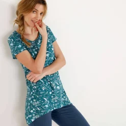 T-shirt asymétrique manches courtes – fleuri émeraude