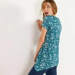 T-shirt asymétrique manches courtes – fleuri émeraude