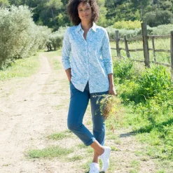 T-shirt boutonné imprimé manches longues, forme tunique