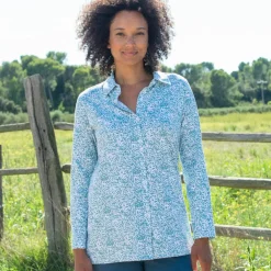 T-shirt boutonné imprimé manches longues, forme tunique
