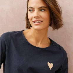 T-shirt boutonné uni broderie coeur en coton biologique(**)