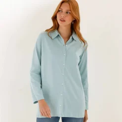 T-shirt boutonné uni manches longues, forme tunique