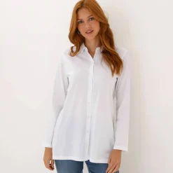 T-shirt boutonné uni manches longues, forme tunique