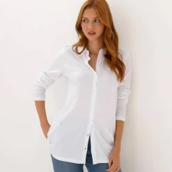 T-shirt boutonné uni manches longues, forme tunique