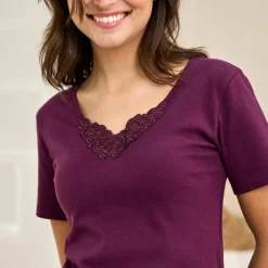 T-shirt chaleur manches courtes col en dentelle - lot de 2