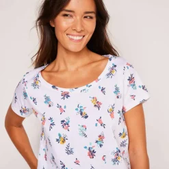 T-shirt col rond imprimé fleuri coton