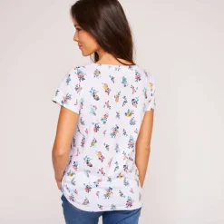 T-shirt col rond imprimé fleuri coton