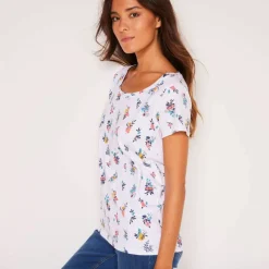 T-shirt col rond imprimé fleuri coton