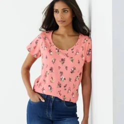 T-shirt col rond imprimé fleuri coton