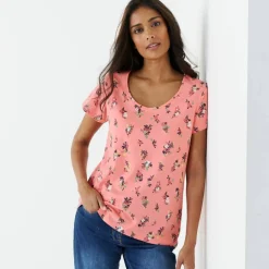 T-shirt col rond imprimé fleuri coton