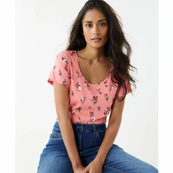 T-shirt col rond imprimé fleuri coton