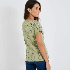 T-shirt col rond imprimé fleuri coton