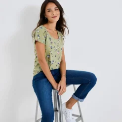 T-shirt col rond imprimé fleuri coton