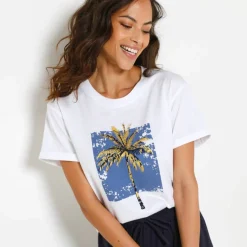 T-shirt col rond imprimé palmier, volume loose