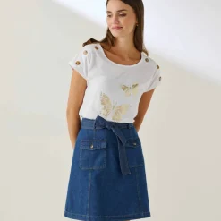T-shirt col rond imprimé papillon doré